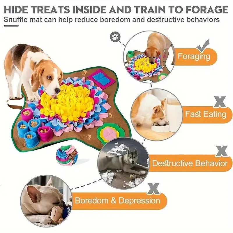 Snuffle mat labeled to show how it curbs destructive dog behaviors