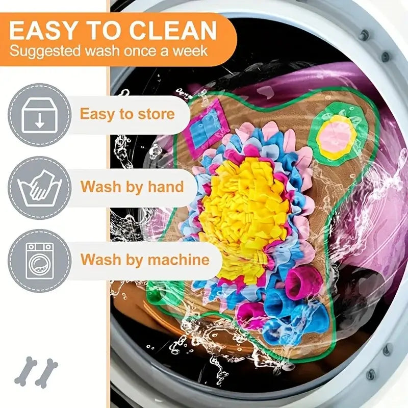 Graphic showing hand or machine wash options for dog snuffle mat