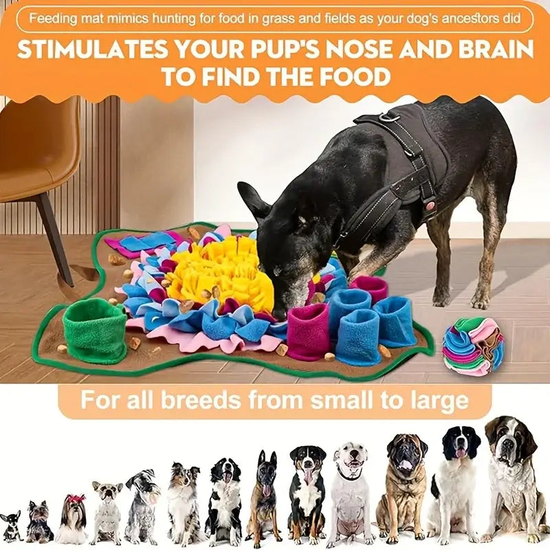 Black dog sniffing treat mat with banner for small to large dogs