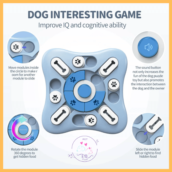 Blue interactive dog puzzle feeder toy with paw and bone designs, boosts dog IQ and engagement