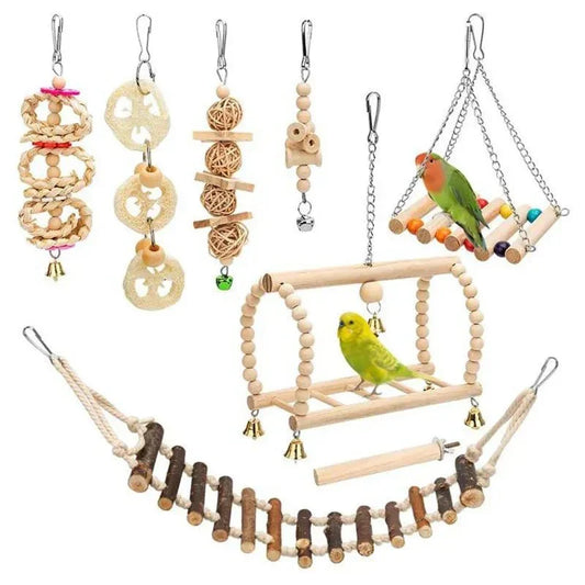 Assorted wooden bird toys and perches with colorful parakeets for bird cage enrichment.