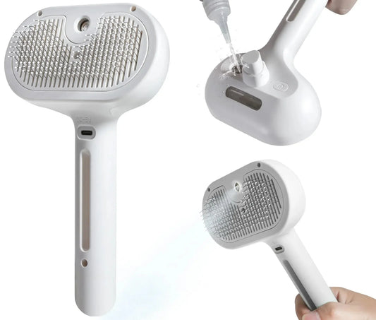 White pet grooming brush with water spray function shown from multiple angles