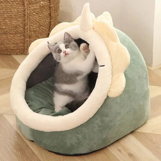 Gray and white cat in green plush dinosaur-shaped pet bed on wood floor