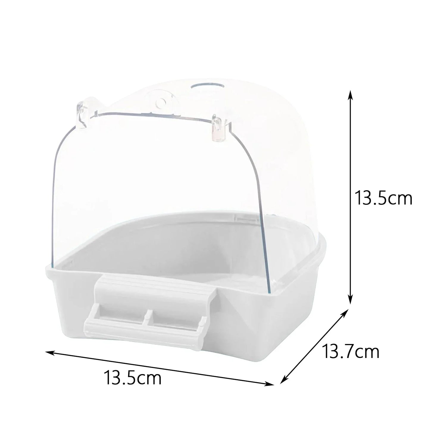 Clear plastic bird bath box with lid, 13.5 x 13.7 x 13.5 cm size shown on white background