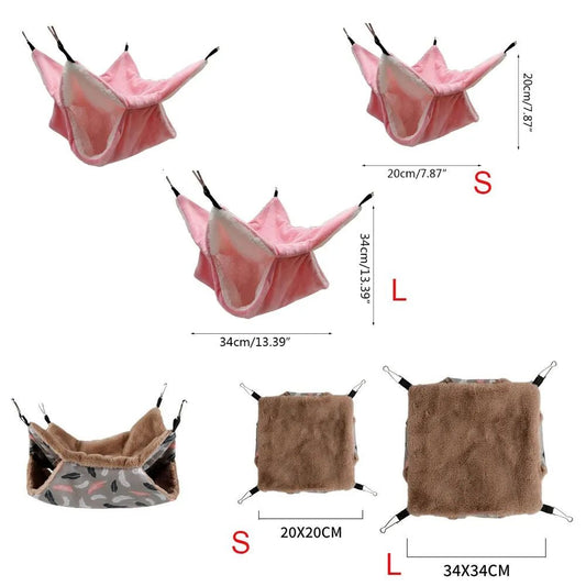 Pet hammock beds in pink and brown, small and large sizes, with measurements shown