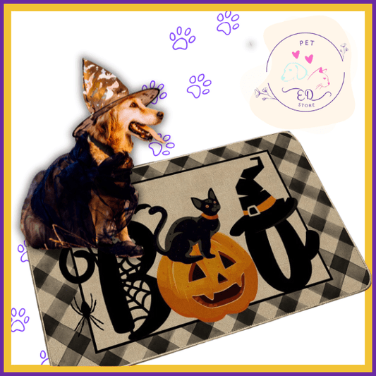 Dog in witch costume on Halloween Boo doormat with pumpkin, black cat, and spider, pet store logo
