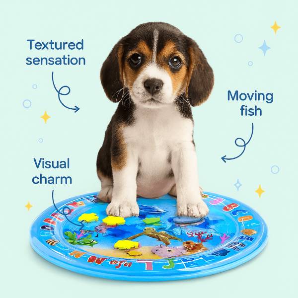 Beagle dog on blue inflatable sensory mat with fish