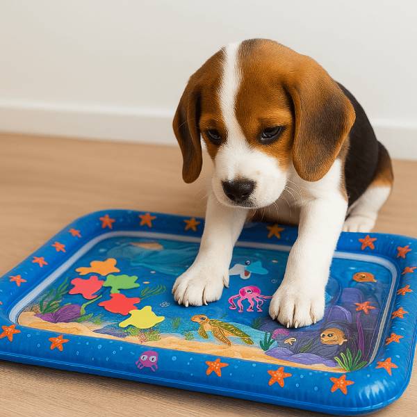 Puppy exploring tactile surface of dog cooling mat