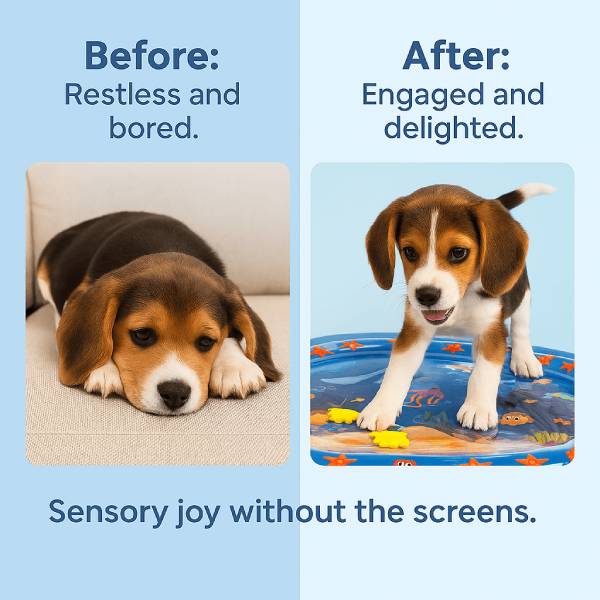 Beagle dog transformation using cooling play mat for pets