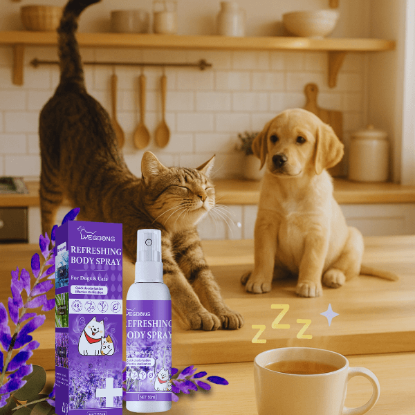 Cat stretching on kitchen counter as a curious puppy watches beside Pet Store ED calming spray
