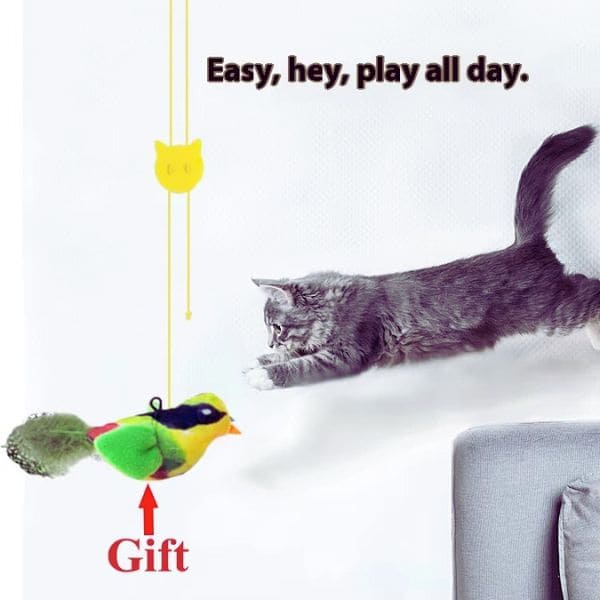 Playful cat interacting with toy from smart pet camera robot set