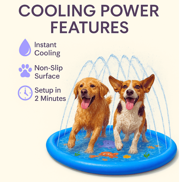 Dog sharing space with kids on a family-friendly splash pad.