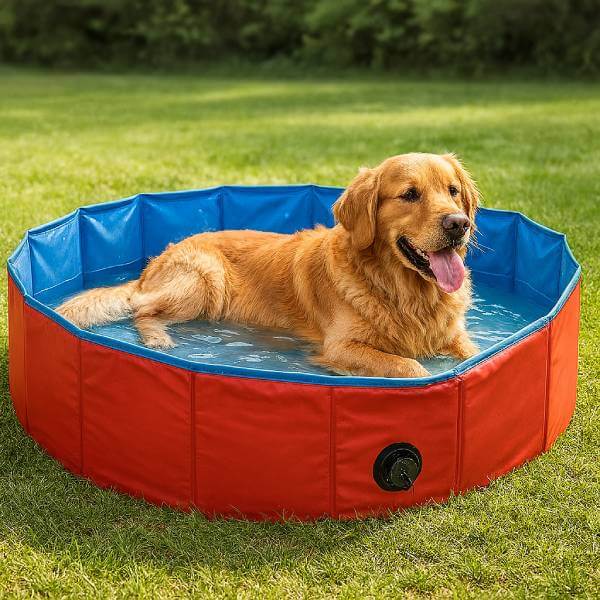 Dog heat relief solution with drain valve pool