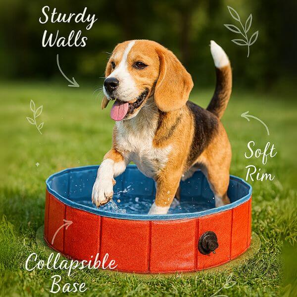 Beagle in red dog cooling pool with sturdy walls and soft rim