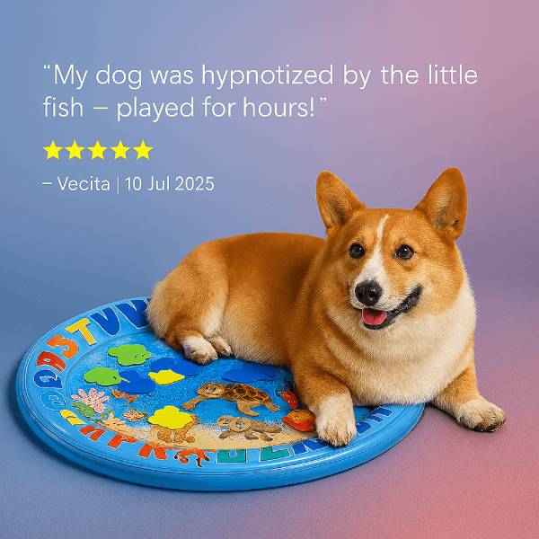 Corgi lying on sensory dog mat with fish illustrations