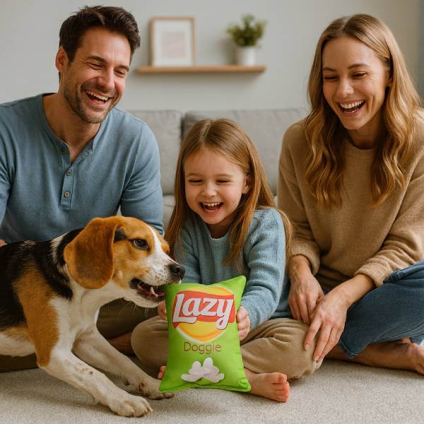Beagle enjoying Lazy Doggie dog dental toy with family bonding moments