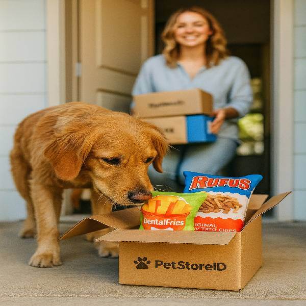 Pet Store ED delivery box with plush dog dental toys for happy pets