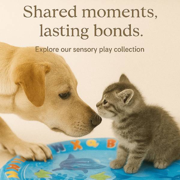 Labrador and cat playing near inflatable water cushion.