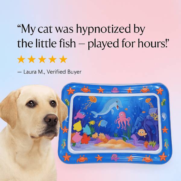 Interactive dog mat visual with pet testimonial