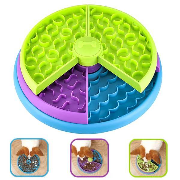 Puzzle dog bowl with three colorful sections