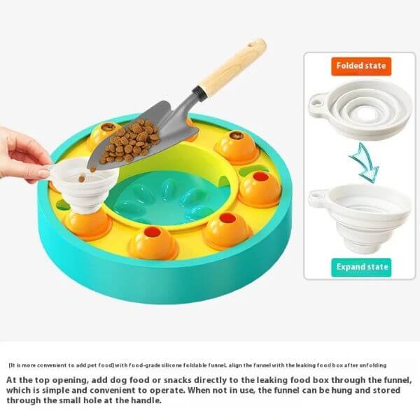 Using a funnel to pour kibble into dog puzzle feeder