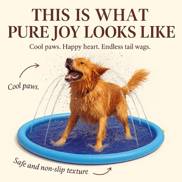 Summer garden scene with a pet cooling off on a dog water toy.