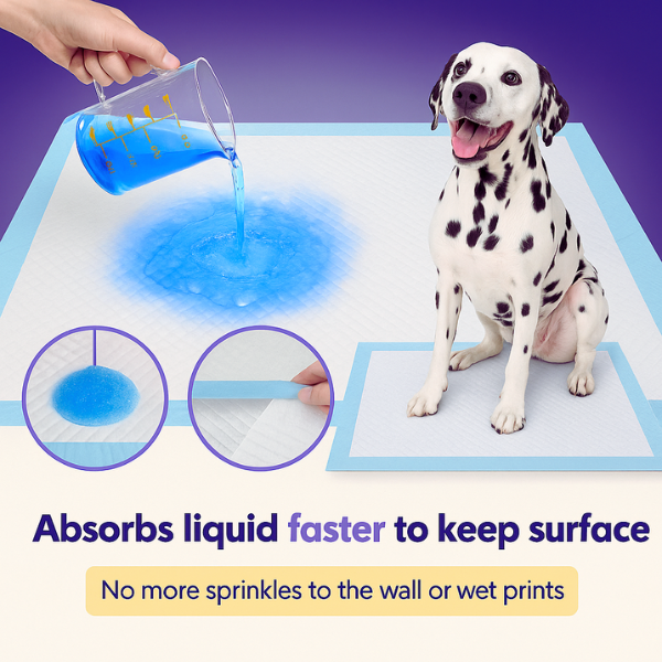 Blue liquid being poured onto EcoPeePad while Dalmatian sits calmly — fast absorption training pad prevents mess and wet paw prints.