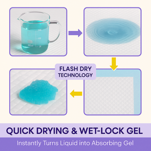 Blue liquid transforming into dry gel — EcoPeePad’s quick-dry innovation to prevent accidents and floor stains.