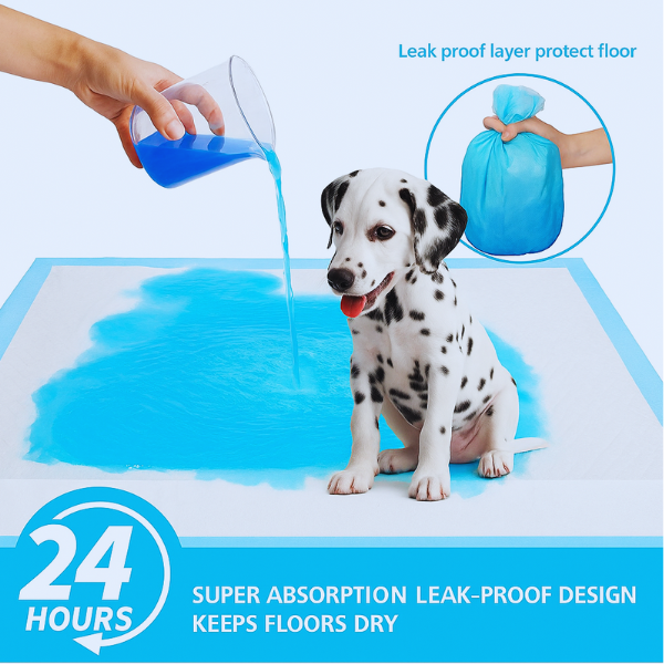 Pet Store ED's high-performance pee pad for dogs shown in action, absorbing blue liquid instantly while dog smiles.