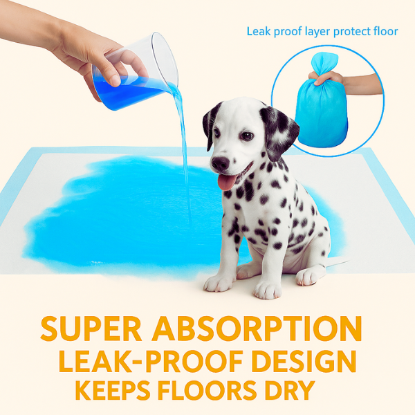 Pet Store ED's high-performance pee pad for dogs shown in action, absorbing blue liquid instantly while dog smiles.