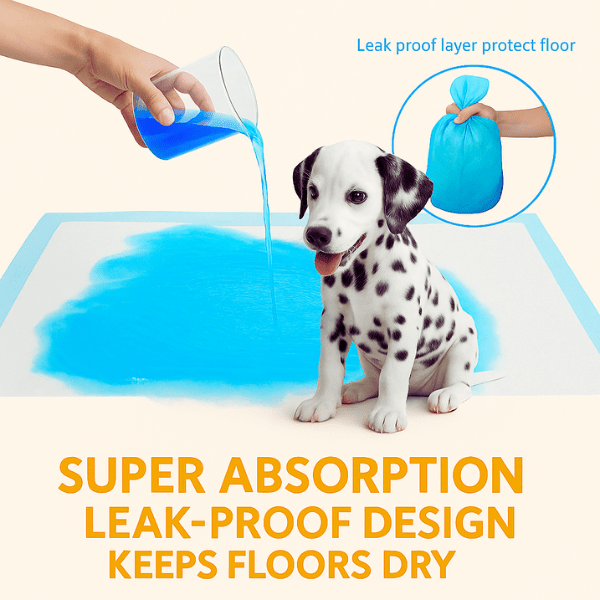 Pet Store ED's high-performance pee pad for dogs shown in action, absorbing blue liquid instantly while dog smiles.