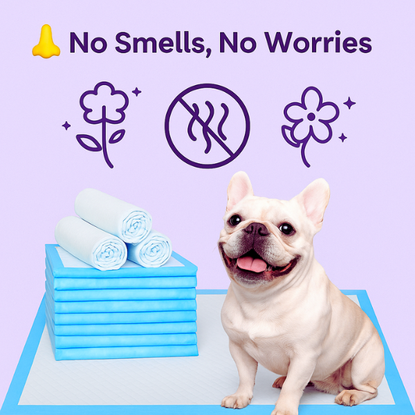 Leak-proof odorless pee pads for dogs displayed beside a smiling French bulldog and blue rolled pads, ideal for indoor hygiene.