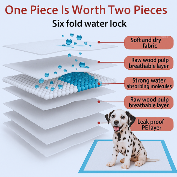 Pet Store ED’s core technology diagram — the puppy training pad built with gel absorption and safety in mind.