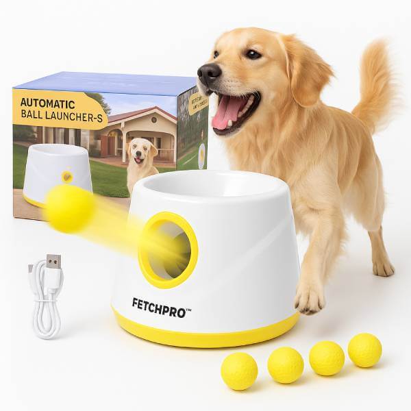 Happy golden retriever using FetchPro dog fetch toy by Pet Store ED