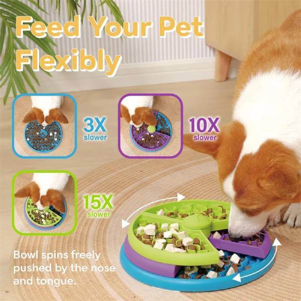 Bowl rotates while dog eats for longer mealtime