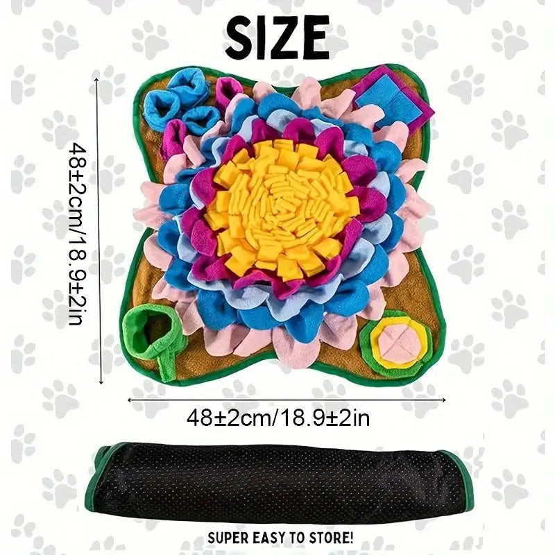Flower-shaped enrichment mat for dogs with foldable design and exact measurements