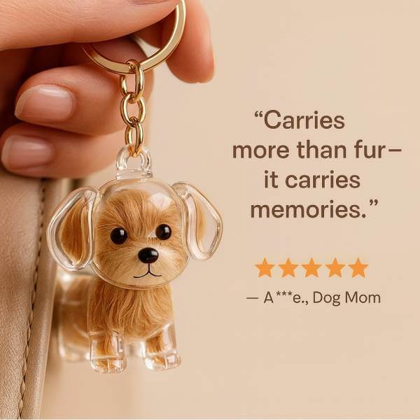 Dog cat fur remembrance gift keychain held by pet parent