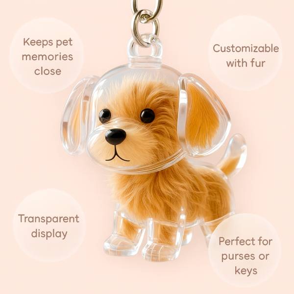 Dog remembrance gift keychain with fur display and clear design
