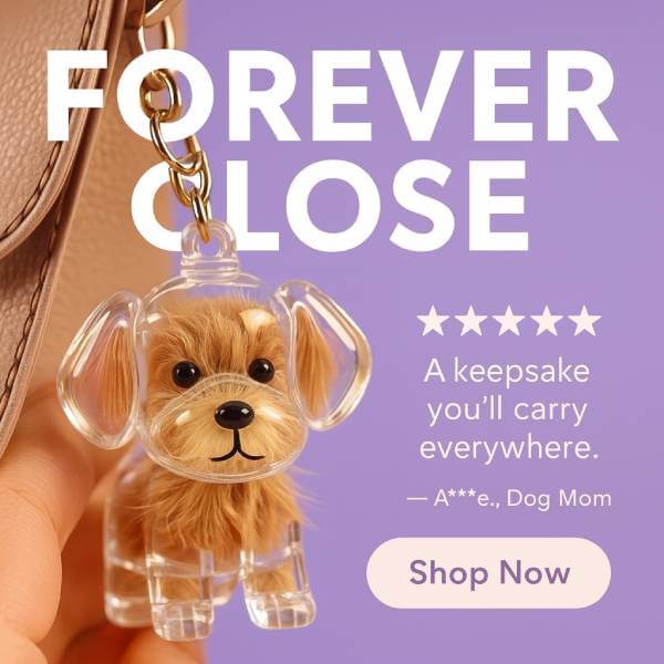 Dog cat fur remembrance gift keychain displayed with shop now CTA