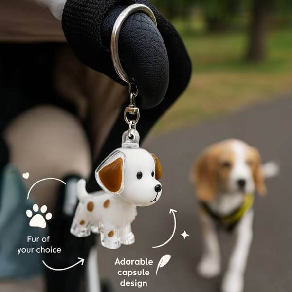 Pet Hair Keepsake Keychain shown outdoors with walking dog