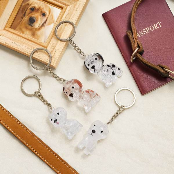 Dog fur remembrance gift keychains displayed with photo frame