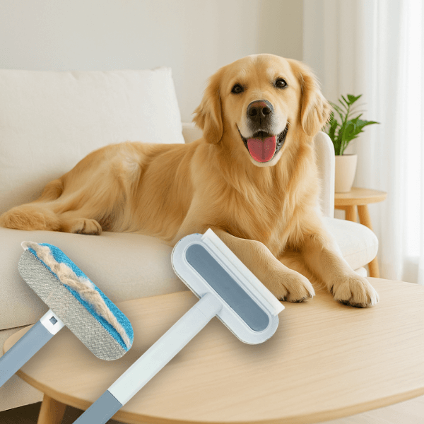 Golden Retriever on clean sofa with FurSweep Pro reusable pet hair remover by Pet Store ED