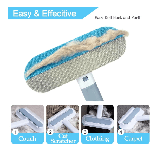 Easy and effective reusable pet hair remover brush shown removing fur from couch, cat scratcher, clothes and carpet – FurSweep Pro Pet Store ED
