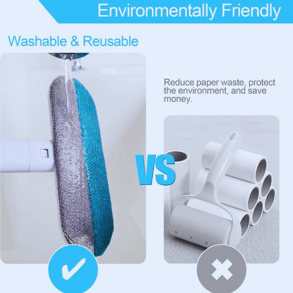 Eco-friendly washable pet hair remover brush compared to wasteful sticky rollers – reusable FurSweep Pro by Pet Store ED
