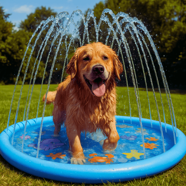 Golden retriever standing on a dog sprinkler pad with water spraying upward.