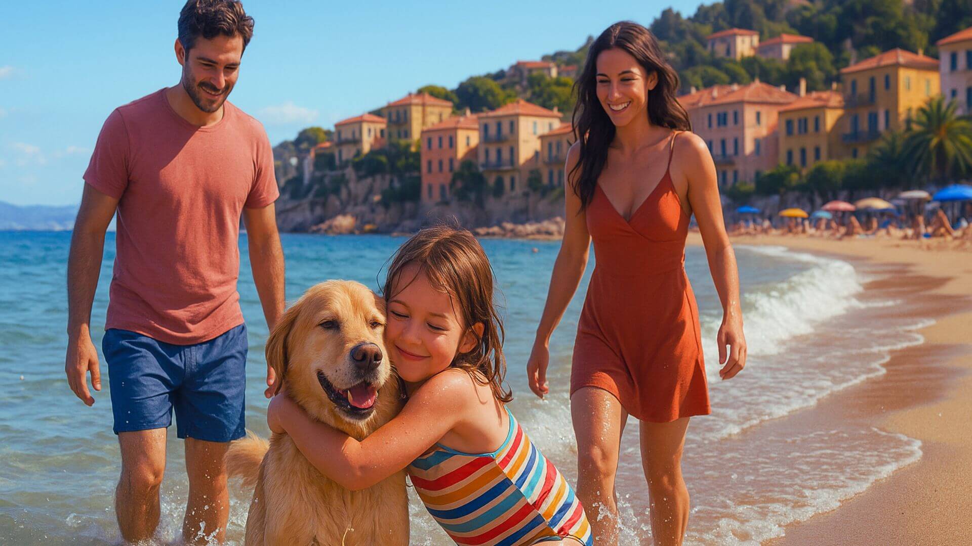 A joyful family walks along a European beach with their smiling golden retriever. The young girl hugs the dog while parents walk beside them, radiating warmth and trust.
