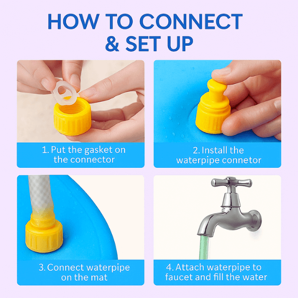 Installation guide showing setup for an interactive water toy for pets.