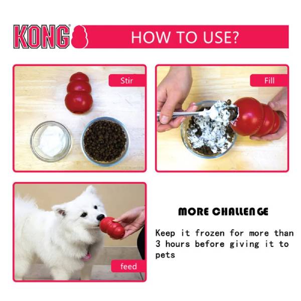Guide showing stir, fill and feed method for KONG toys