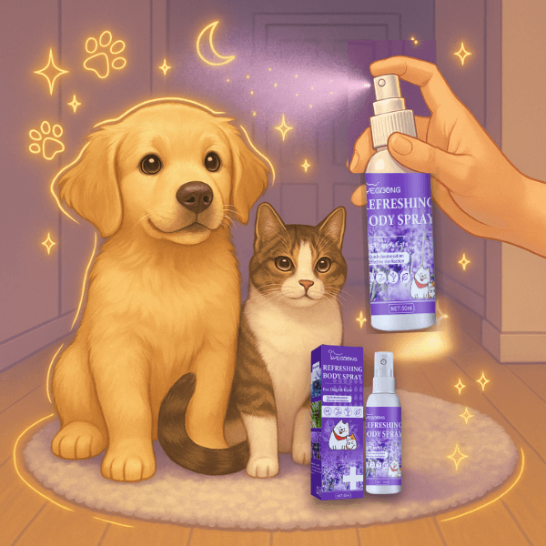 Hand spraying calming mist above cartoon-style dog and cat with Pet Store ED product in moonlit room