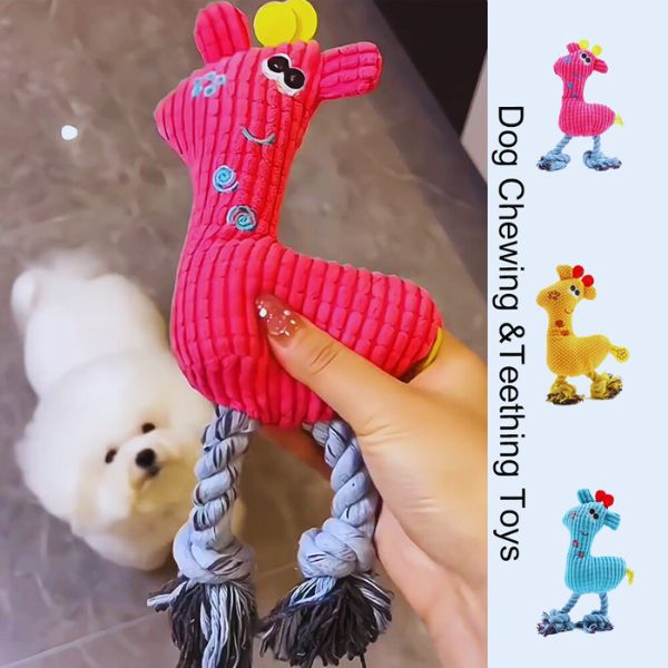 Real-life use of dog plush toy with rope legs and squeaky head